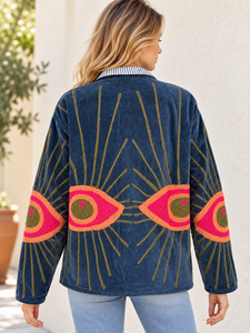 Veste en velours bleu foncé brodée à la main en Inde, style Suzani floral bohème, manteau d'hiver pour femmes - Product Image 3