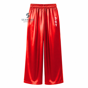 Delta |   Sigma |   Conjunto de Pijama de Satén para Mujer Theta, Manga Larga, Abotonado, Bordado, Dos Piezas, Rojo con Ribete Blanco - Product Image 4