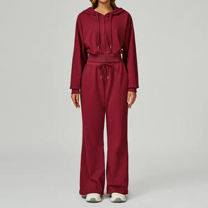 Ensemble de survêtement d'hiver pour femmes grande taille, couleur unie, sweat-shirt 100% coton avec pantalon de jogging deux pièces - Product Image 3