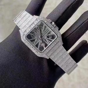 Reloj de Acero Inoxidable con Corte Baguette, Diseño Esqueleto, Cuadrado, Totalmente Cubierto de Piedras, Esfera Transparente, Mecánico, Elegante - Product Image 6