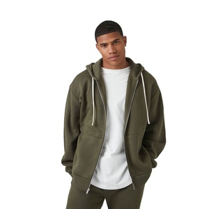Sudadera con Capucha para Hombre, Color Verde Oliva, Talla Grande, con Cierre, Forro Polar, Color Sólido, Estilo Casual, Corte Regular, para Otoño - Product Image 1