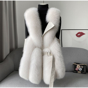 Gilet long de luxe pour femme en fausse fourrure, sans manches, épais, pour l'hiver, avec fermeture pull-over, couleur unie, col amovible, en polaire - Product Image 1