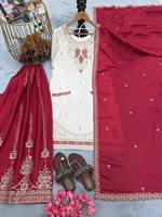 Set Kurti Sutra Chinon Putih Merah Murni Bordir Cermin Payet dengan Palazzo Elastis dan Dupatta, Pakaian Etnik untuk Wanita, Sudah Dijahit, Cocok untuk Acara Perayaan