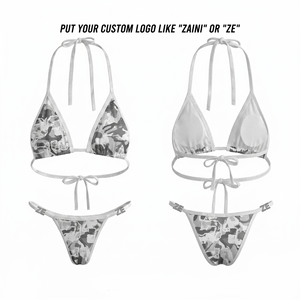 Women High Waist Triangle Solid <b>Bikini</b> <b>Set</b> Premium 200 GSM Polyester Soft Stretch Grey <b>White</b> Custom Digital Print Logo Swimwear - Product Image 1