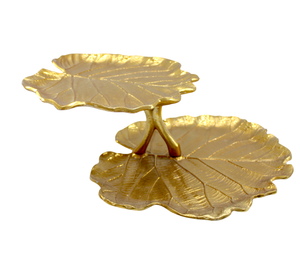 Plateau décoratif en aluminium moulé en forme de feuille, finition brillante or et argent, pour service de fruits et de table - Product Image 2