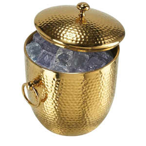 Cubo de hielo de acero inoxidable martillado dorado de lujo moderno al por mayor con tapa y asa de anillo, enfriador de vino de metal de doble pared para bar - Product Image 1