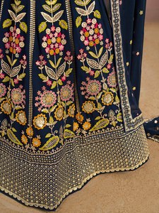 Blue Georgette <b>Lehenga</b> Choli Floral Zari Embroidered V-neck A-Line Floor-Length Quick Dry Bridesmaid Dress Traditional Wedding - Product Image 5