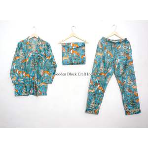 ชุดนอนลายสัตว์พิมพ์ลายบล็อกด้วยมือ ผ้าฝ้าย 100% สำหรับฤดูร้อน เนื้อผ้านุ่ม เบาสบาย เหมาะสำหรับผู้หญิง - Product Image 2