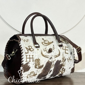 2026 Elegant <b>Handmade</b> Western Genuine Cowhide Leather Speedy Duffle Bag Vintage Hair On Hide Travel Weekender Shoulder Bag - Product Image 1