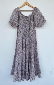 Vestido Maxi de Algodón con Estampado Floral y Cuello Redondo para Mujer, Manga Corta, Estilo Casual con Volantes, Vestido de Algodón Indio para Dama, Venta al por Mayor - Product Image 4