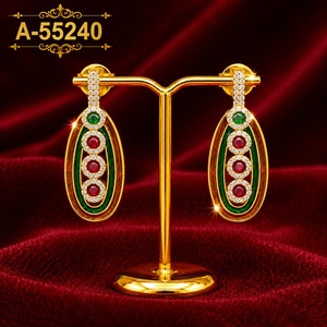 Boucles d'oreilles pendantes ovales plaquées or avec corail, émail vert et zircon rouge serti clos, bijoux de fête tendance pour femme, troisième marque - Product Image 1