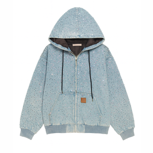 Custom Oversized Heavyweight Rhinestone Zip Up Hoodie Men Women Vintage Acid Wash Denim Look <b>Sparkly</b> Streetwear Hooded Jacket - Product Image 1