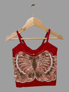 เสื้อทวิชาแบบทอผ้าไร้แขนปักลายพร้อมชาราร่า-สีแดงและสีเขียว - Product Image 3