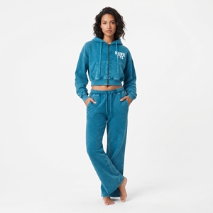 Wholesale High Quality Women's Acid Wash Full Zip Crop Top Drawstring Hoodie And <b>Wide</b> <b>Leg</b> <b>Jogger</b> Set Custom Printing Logo - Product Image 1