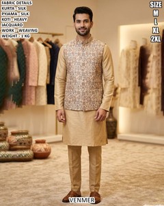 Bandhani Premium Blue <b>Silk</b> Floor-Length Traditional Men's <b>Kurta</b> Set with Floral Jacquard Waistcoat for Wedding Party Occasions - Product Image 4