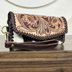 Hand Tooled Leather and Cowhide <b>Wallet</b> With Wristlet Strap Elegant Large Capacity Purse For Women 's Perfect For Western Fashion - Product Image 4