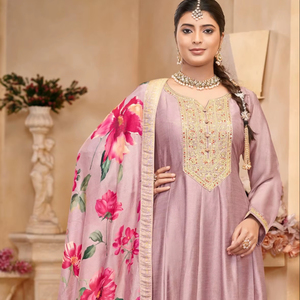 ชุดอานาร์กาลีผ้าไหมโดลาปักลายด้วยด้ายไหมแบบกึ่งสำเร็จรูปทรงมิดิทันสมัยสำหรับงานปาร์ตี้ งานแต่งงาน และงานดิวาลี - Product Image 1