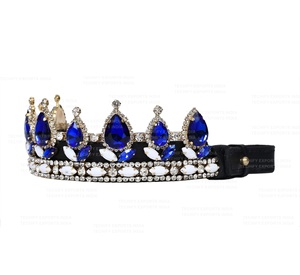Fronture de luxe style couronne pour cheval avec cristaux bleus et blancs – Accessoire d'équestre en cuir finition dorée - Product Image 4