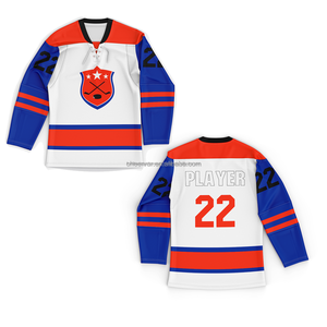 Camiseta de hockey sobre hielo para hombre, blanca, azul y amarilla, con cuello en V, con cordones, manga larga, número del equipo, logotipo personalizado, para adultos - Product Image 5