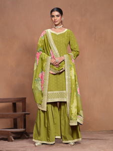 Ensemble Sharara semi-couture en soie romaine moderne brodé pour fêtes, mariages, Diwali et bals de promo - Product Image 5