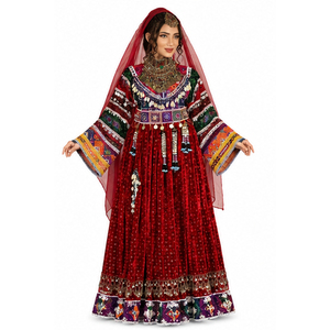 Vestido Afgano Kuchi Hecho a Mano, Étnico, Tribal, Tradicional, con Encaje Bordado, Transpirable, Teñido Liso, de Cachemira y Chifón - Product Image 1