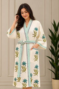 Peignoir Kimono de Luxe en Coton Blanc Imprimé à la Main Motif Floral Bleu Jaipur Boho Spa Resort Loungewear Vêtement de Nuit Peignoir de Bain Vente en Gros - Product Image 3