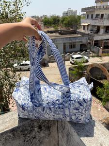 Large Floral Duffel <b>Bag</b> Women Travel <b>Bag</b> Cotton Quilted Weekender <b>Overnight</b> Gym <b>Bag</b> Lightweight Carry On Handmade Blue Print - Product Image 4