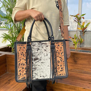 Bolso de mano de cuero mecanizado a mano de lujo de gran capacidad de alta calidad para mujer, bolso cruzado de transporte oculto Floral de piel de vaca occidental - Product Image 3