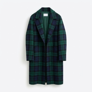 Green Plaid Wool <b>Trench</b> <b>Coat</b> Long Notched Lapel Single Button Casual Winter Women's Outerwear - Product Image 1