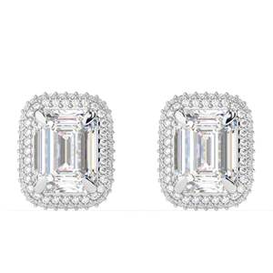 Pendientes de Aro con Doble Halo Oculto y Moissanita Corte Esmeralda, Elegantes para Compromiso, para Mujer - Product Image 4