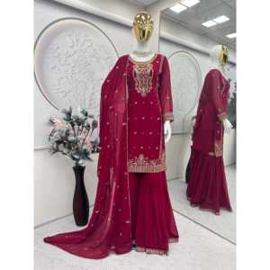 Conjunto de Salwar Kameez de Poliéster de Diseño, Hermoso Atuendo para Fiesta, Top, Sharara y Dupatta - Product Image 1