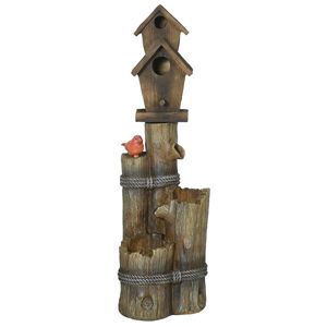 Fontana a Cascata per Uccelli a 3 Livelli in Pietra Rustica Moderna con Illuminazione LED e Casetta per Uccelli da Veranda - Product Image 1