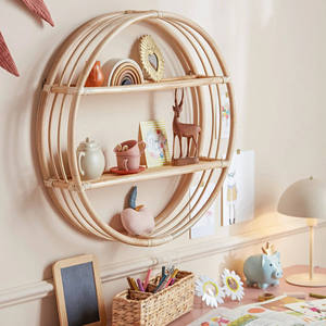 Vintage Circle Rattan <b>wall</b>-<b>mounted</b> <b>shelf</b> Round Bamboo Floating <b>Shelf</b> 2 Tier Living Room Plant Pot Decorative Storage Organizers - Product Image 4