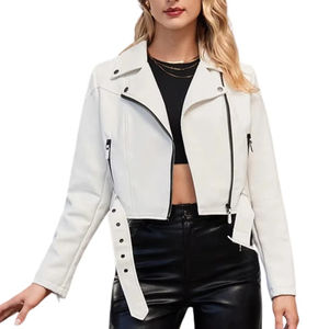 Veste de motard en cuir PU blanc pour femme, veste de moto courte avec ceinture - Product Image 4