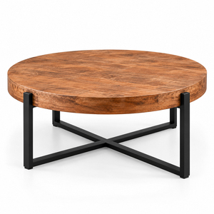 Wholesale Premium Suar Wood Modern <b>Industrial</b> Teakora Cross <b>Round</b> <b>Coffee</b> <b>Table</b> with Black X-Frame Base for Living Room Furniture - Product Image 3