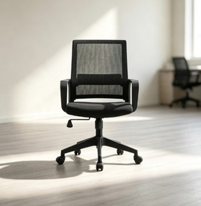 Chaise de bureau moderne en maille avec accoudoirs fixes, base pivotante, ergonomique, minimaliste, structure en acier inoxydable, dossier solide, poignée manuelle - Product Image 1