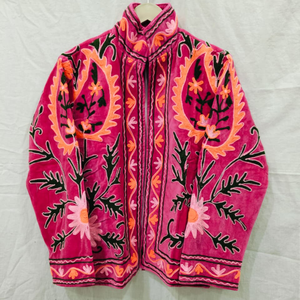 Pink Floral Hand Embroidery Bomber Jacket | Long Sleeve <b>Stand</b> Collar Women Outerwear Handmade Needle <b>Work</b> Masterpiece Jacket - Product Image 1