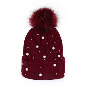 Womens Pearl Rhinestone Knit <b>Beanie</b> Hat <b>with</b> Faux Fur <b>Pom</b> <b>Pom</b> Winter Warm Cuffed Cap - Product Image 6