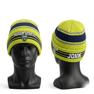 Custom Rugby Beanie 320 GSM Acrylic Knit Lime Green <b>Navy</b> Striped Panel Design Embroidered Logo Team Wear - Product Image 1