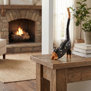 Figurine de chat artisanale en bois d'albizia noir avec des points bruns, queue levée, pose en saut, décoration rustique pour la maison, statues d'animaux, ornement, cadeau - Product Image 4