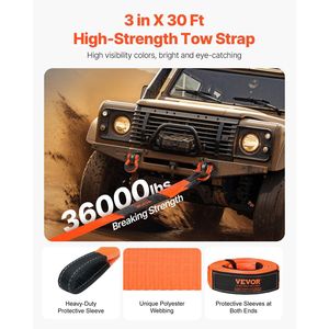Sangle de remorquage robuste 3 x 30 pieds, kit de récupération, sangle de treuil Tree Saver, boucle triple renforcée, protection pour MBS-36,000 - Product Image 2