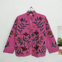 Blouson Bomber Unisexe en Velours et Coton Fait Main pour l'Automne, Rose Vibrant, Broderie Florale Bohème, Motif Botanique, Ouvert sur le Devant