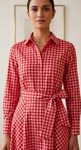Ladies Red Plaid Maxi Cotton Dress Long Sleeve <b>Button</b> Front Belted A Line Fashion Dress. - Product Image 3