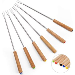 Ensemble de 6 fourchettes à fondue en acier inoxydable de 9,5 pouces, bâtonnets à fondue au fromage et au chocolat avec manche en bois résistant à la chaleur, outils à fromage - Product Image 1