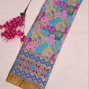 Tela de crepé natural verde menta con estampado floral y borde ornamental pesado para confección de vestidos Kurti de estilo étnico. - Product Image 1