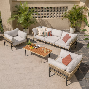 Contemporary Scandinavian Design Solid Oak Outdoor Sofa Set 4 Seater Weather Resistant Garden Furniture Steel Frame Beige - Product Image 2