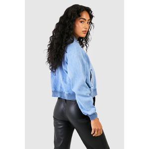 Womens Denim Bomber Jacket Light Blue Full Sleeve <b>Covered</b> <b>Button</b> Closure Stand Collar Winter Style Woven Fabric Logo Cotton - Product Image 3