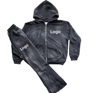 Chándales Vintage con lavado ácido, ropa de calle, pantalones de chándal acampanados con logotipo personalizado, conjunto de Sudadera con capucha, ligero, de secado rápido, sostenible para adultos - Product Image 1