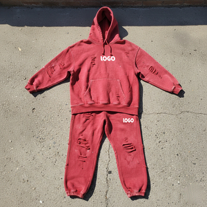 Custom High Quality Blank Distressed Hoodie and Jogger Short Set Designer Cotton Unisex Sweatsuit Casual Baggy <b>Tracksuit</b> for Men - Product Image 4