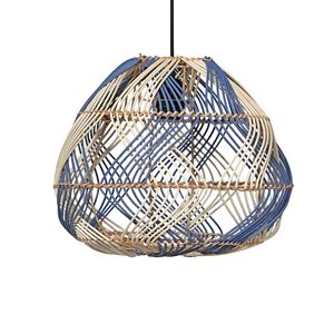 Lustre suspendu en rotin bleu et blanc, abat-jour tressé en cannage, lampe de plafond pour décoration intérieure - Product Image 1